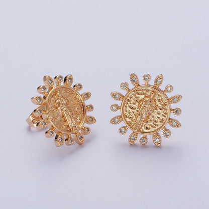Gold Saint Jude Stud Earring Sun Medallion San Judas Earring Catholic Religious Jewelry Gift AE-1046