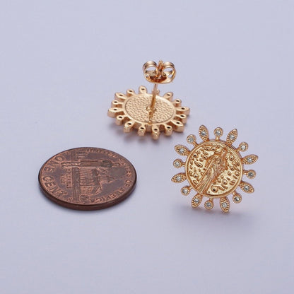 Gold Saint Jude Stud Earring Sun Medallion San Judas Earring Catholic Religious Jewelry Gift AE-1046