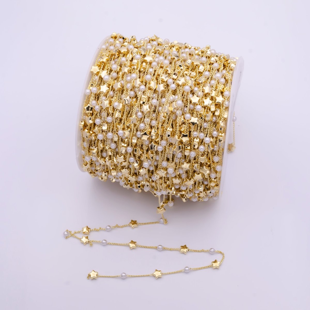 Gold Satellite Pearl &amp; Celestial Star Bead Chain Wholesale by Yard For DIY Jewelry Making Component | ROLL-826 Clearance Pricing