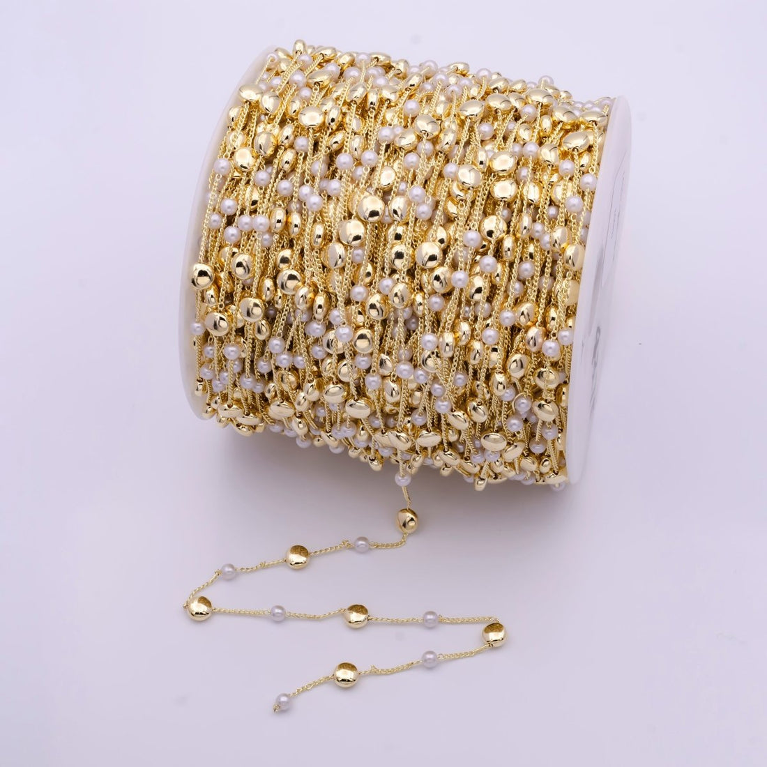 Gold Satellite Pearl &amp; Round Circle Bead Chain Wholesale by Yard For DIY Jewelry Making Component | ROLL-825 Clearance Pricing