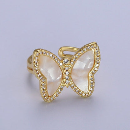 Gold Shell Pearl Butterfly Mariposa Micro Paved CZ Adjustable Double Band Ring | O-149