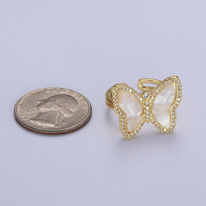 Gold Shell Pearl Butterfly Mariposa Micro Paved CZ Adjustable Double Band Ring | O-149