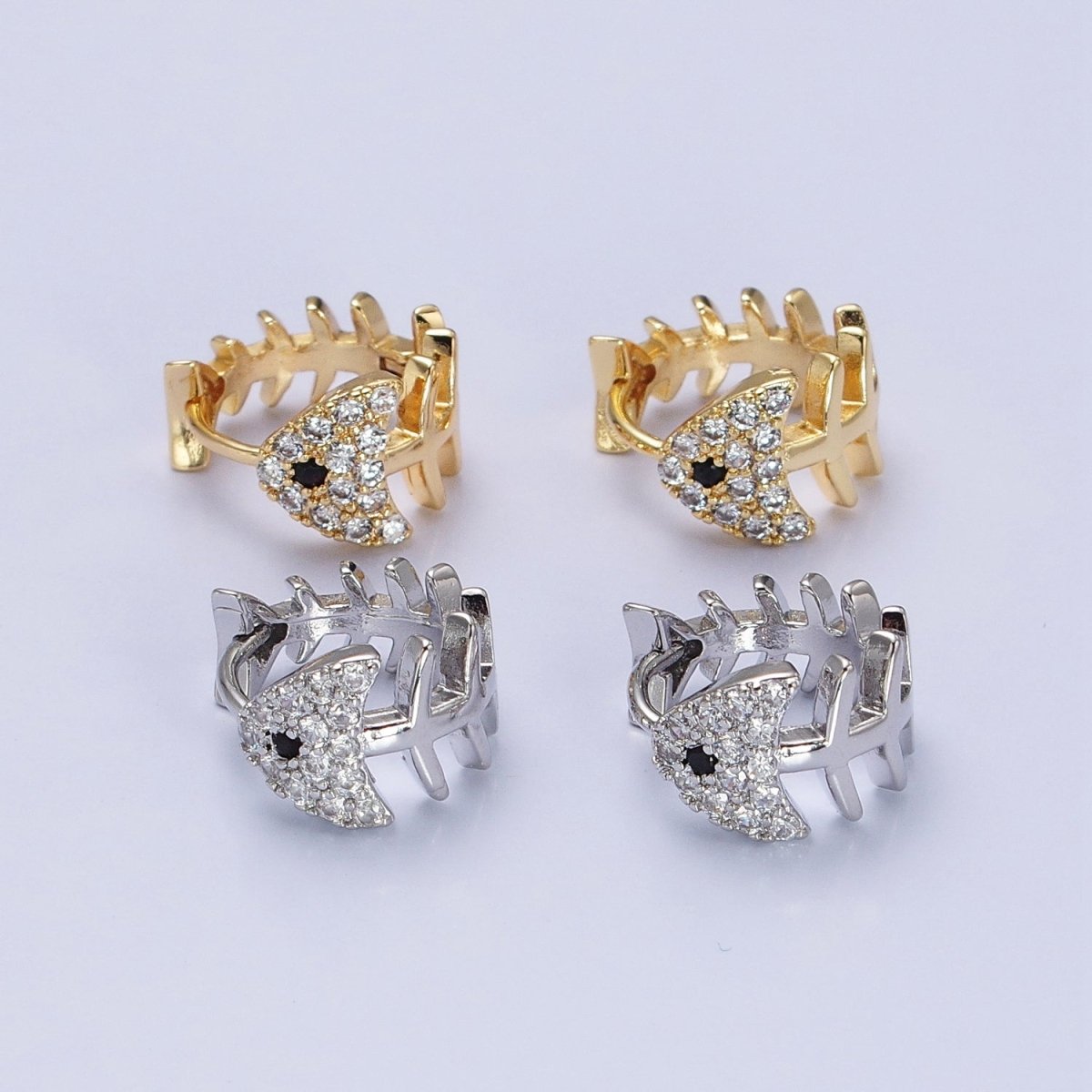 Gold, Silver Black-Eyed Ocean Fish Bone Micro Paved CZ 13mm Huggie Earrings | AB457 AB461