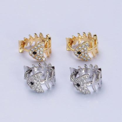 Gold, Silver Black-Eyed Ocean Fish Bone Micro Paved CZ 13mm Huggie Earrings | AB457 AB461