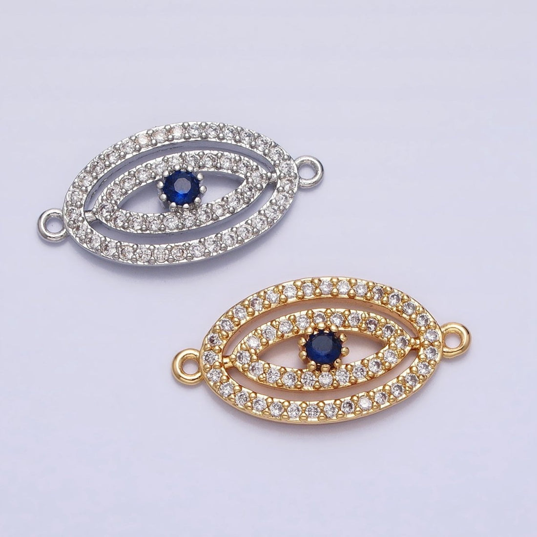 Gold, Silver Blue-Eyed Evil Eye Oval Micro Paved CZ Link Connector | Y-866