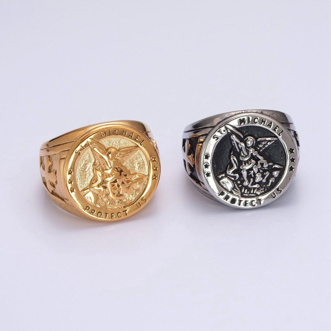 Gold, Silver, Bronze, Mixed Metal Stainless Steel Saint St. Michael Protection Signet Ring