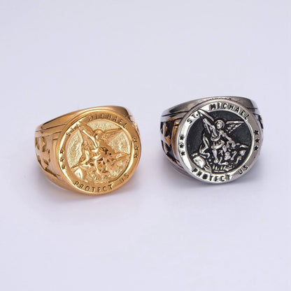 Gold, Silver, Bronze, Mixed Metal Stainless Steel Saint St. Michael Protection Signet Ring
