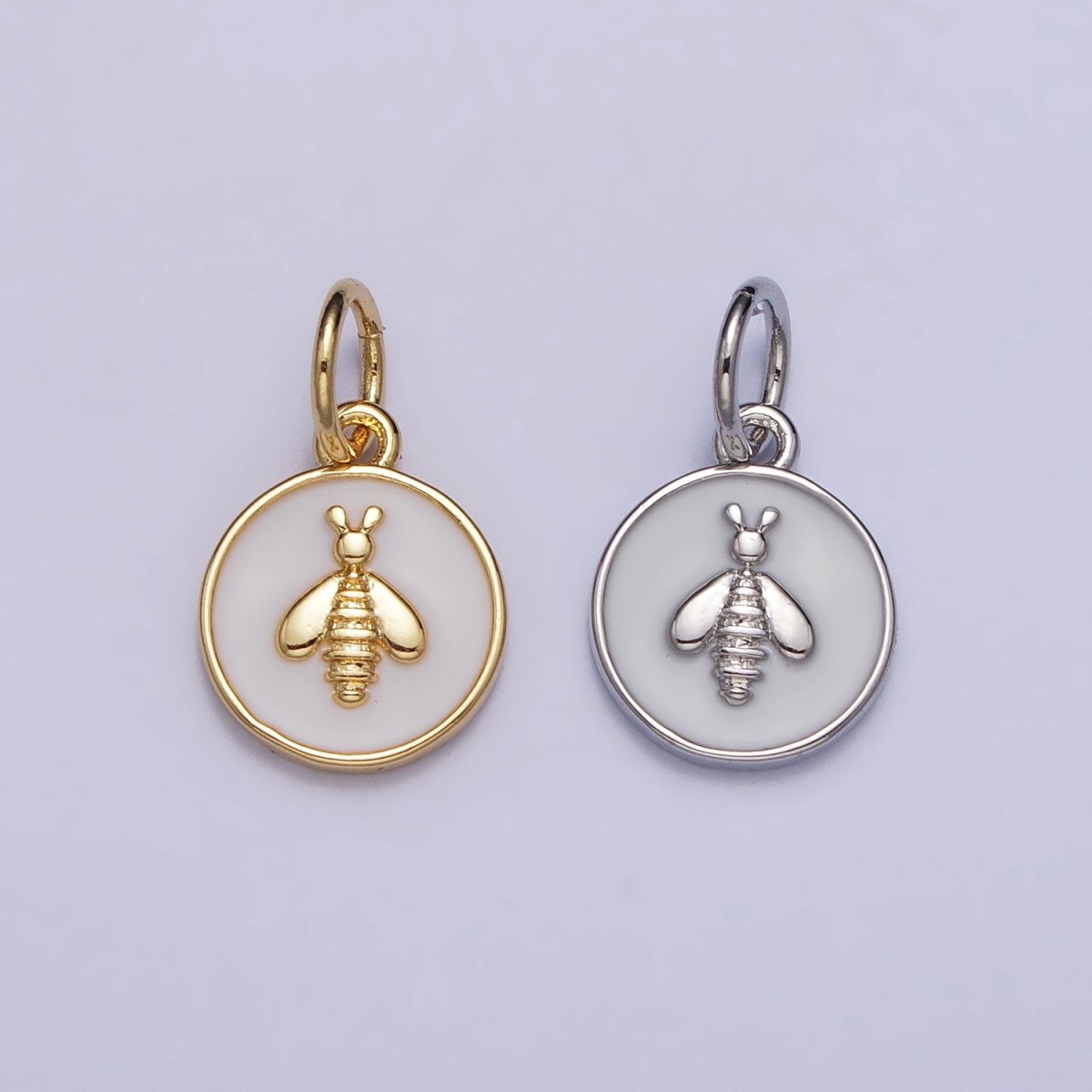 Gold, Silver Bumble Queen Bee White Enamel Round Charm | AC990 AC991