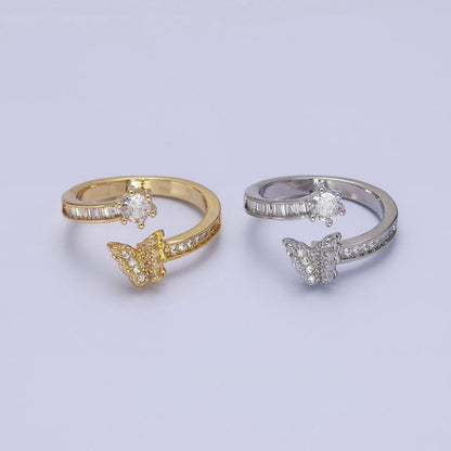 Gold, Silver Butterfly Round Clear CZ Baguette Open Ring | O-1511 O-1512