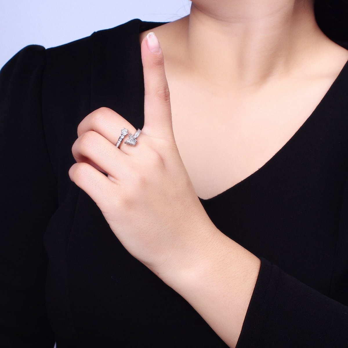 Gold, Silver Butterfly Round Clear CZ Baguette Open Ring | O-1511 O-1512