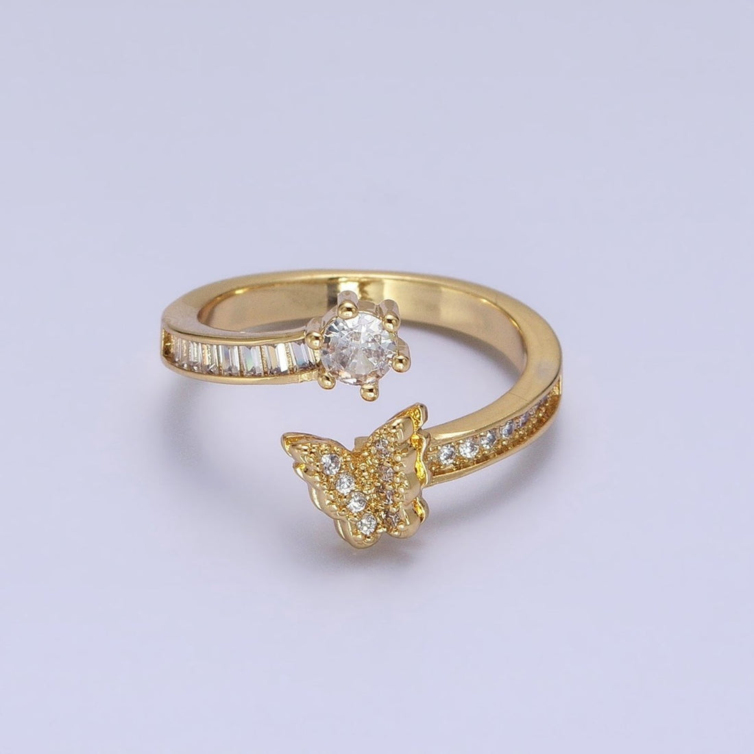 Gold, Silver Butterfly Round Clear CZ Baguette Open Ring | O-1511 O-1512