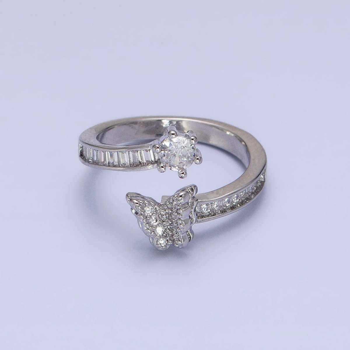 Gold, Silver Butterfly Round Clear CZ Baguette Open Ring | O-1511 O-1512