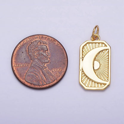 Gold, Silver Celestial Crescent Moon Starburst Long Rectangular Bar Charm | AC591 AC592