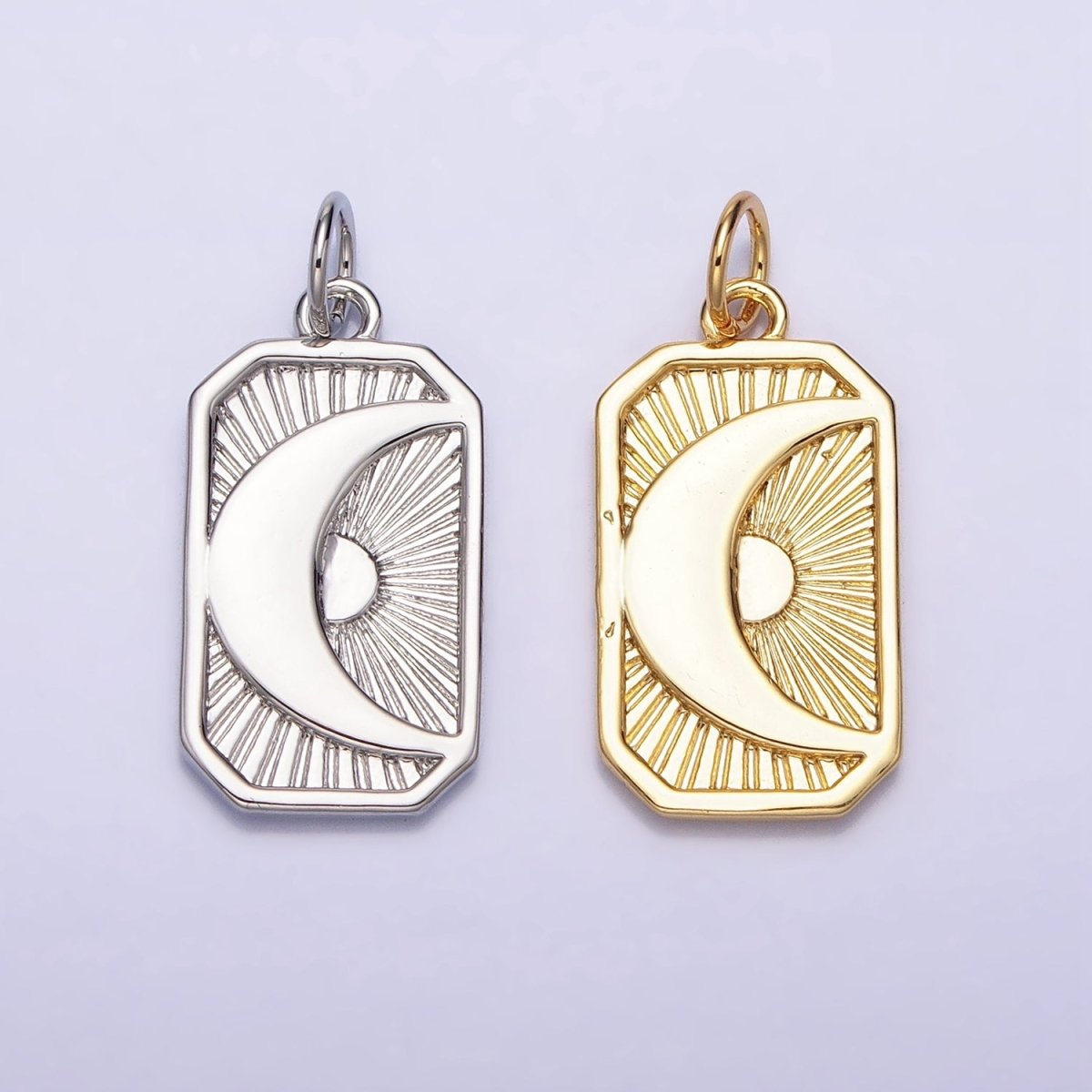 Gold, Silver Celestial Crescent Moon Starburst Long Rectangular Bar Charm | AC591 AC592