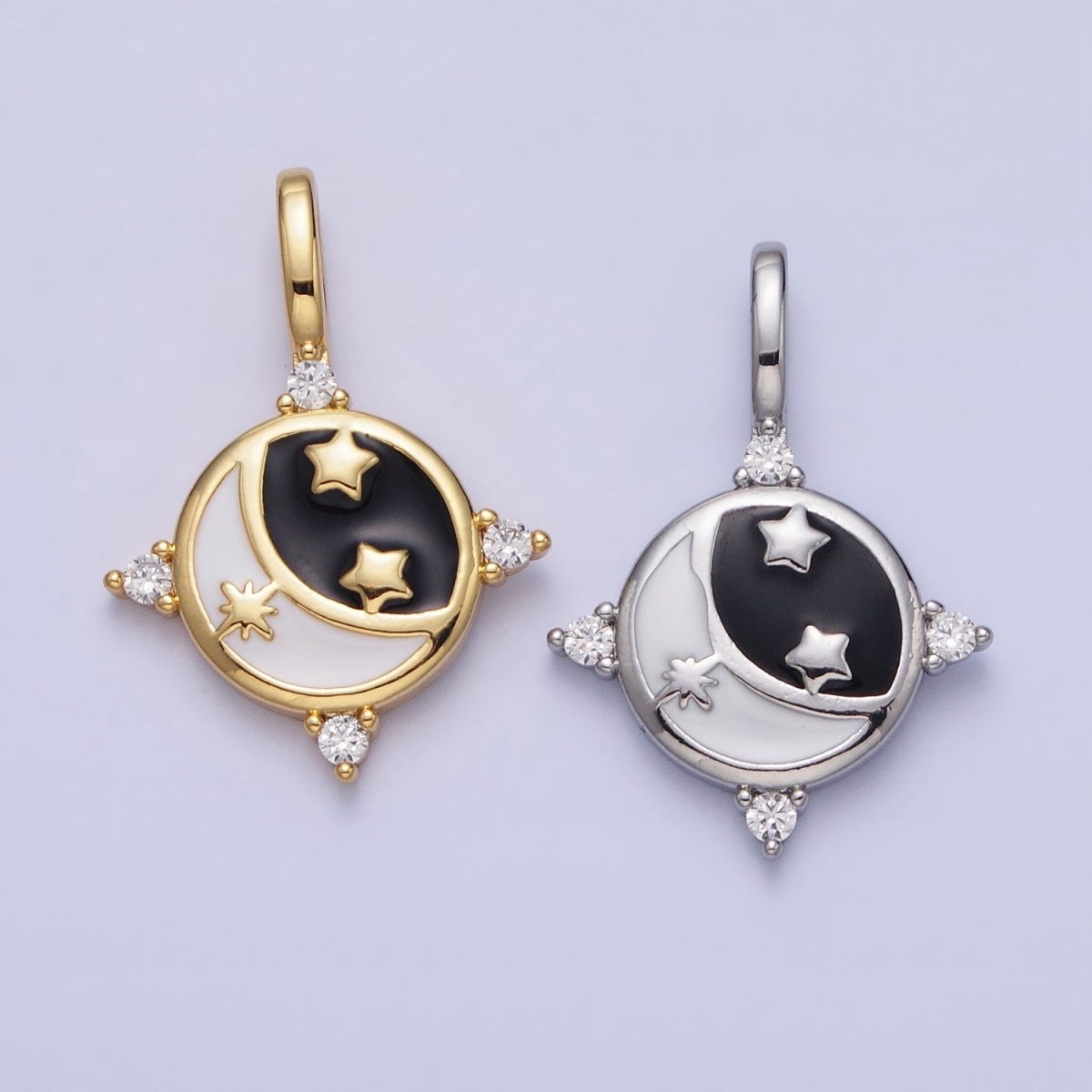 Gold, Silver Celestial Crescent Moon Stars Black &amp; White Enamel Round Pendant | AA168