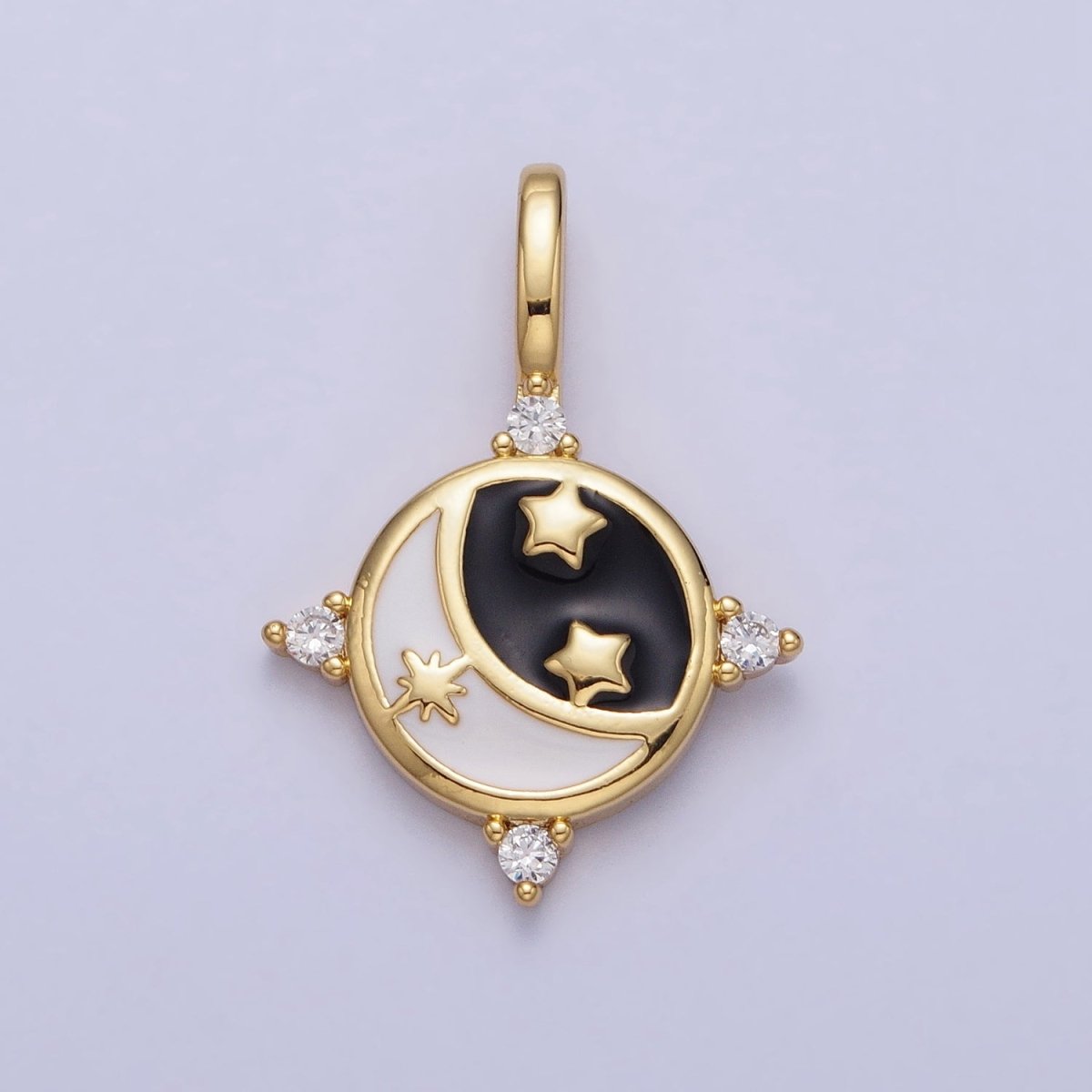 Gold, Silver Celestial Crescent Moon Stars Black &amp; White Enamel Round Pendant | AA168