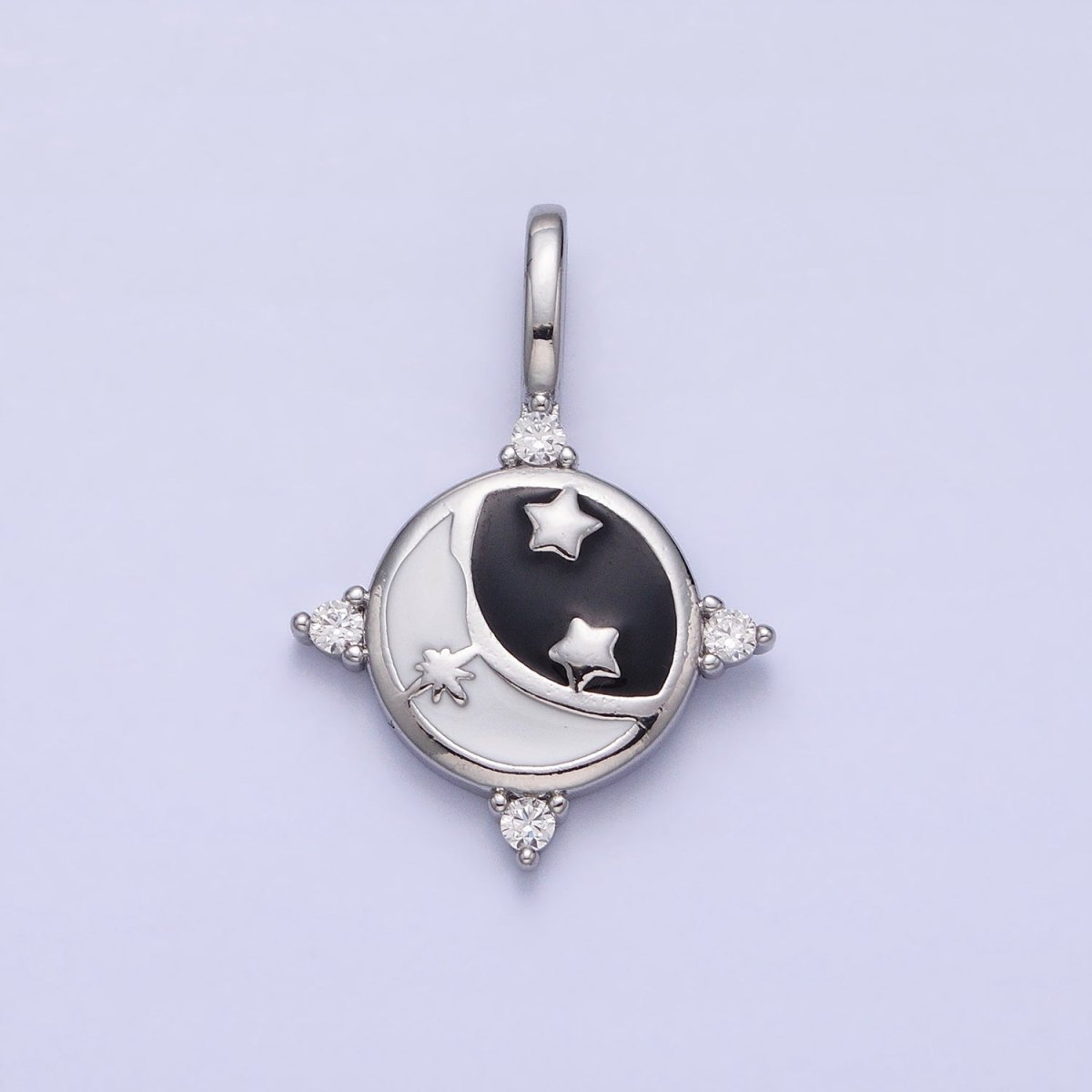 Gold, Silver Celestial Crescent Moon Stars Black &amp; White Enamel Round Pendant | AA168