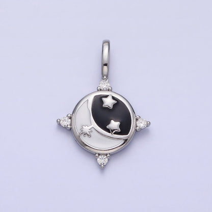 Gold, Silver Celestial Crescent Moon Stars Black &amp; White Enamel Round Pendant | AA168