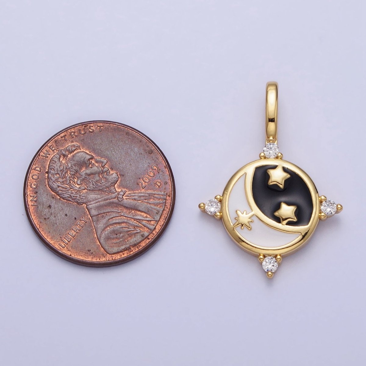 Gold, Silver Celestial Crescent Moon Stars Black &amp; White Enamel Round Pendant | AA168