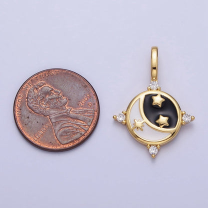 Gold, Silver Celestial Crescent Moon Stars Black &amp; White Enamel Round Pendant | AA168