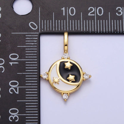 Gold, Silver Celestial Crescent Moon Stars Black &amp; White Enamel Round Pendant | AA168