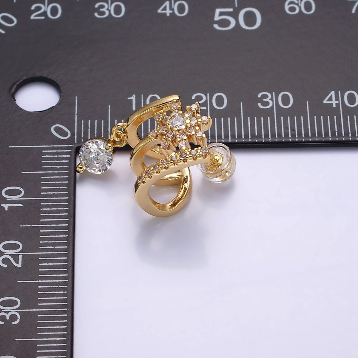 Gold, Silver Celestial Star Flower CZ Drop Micro Paved Triple Band Claw Stud Earrings | AD1054 AD1055