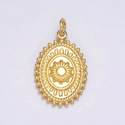 Gold, Silver Celestial Sun Textured Dotted Outline Artisan Oval Charm | AC627 AC628