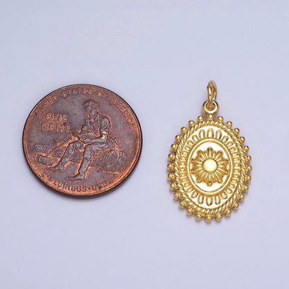 Gold, Silver Celestial Sun Textured Dotted Outline Artisan Oval Charm | AC627 AC628