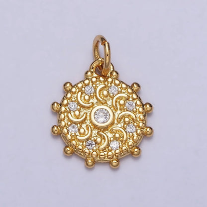 Gold, Silver Clear CZ Celestial Crescent Moon Textured Dotted Outline Round Charm | AC973 AC1009
