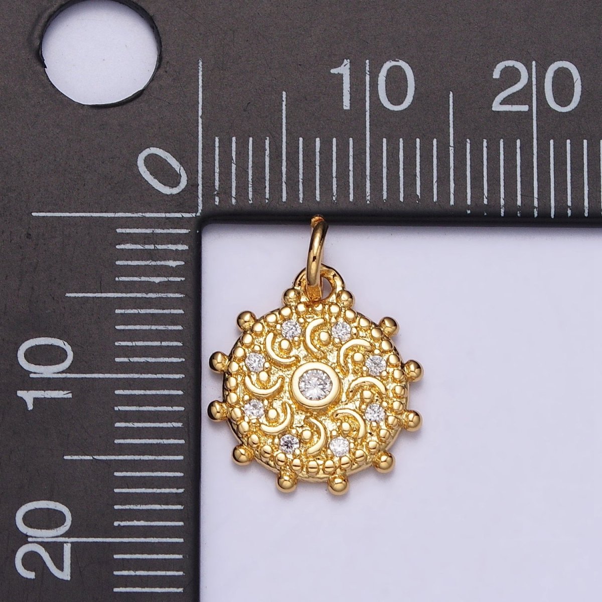Gold, Silver Clear CZ Celestial Crescent Moon Textured Dotted Outline Round Charm | AC973 AC1009