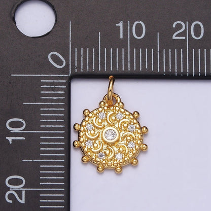 Gold, Silver Clear CZ Celestial Crescent Moon Textured Dotted Outline Round Charm | AC973 AC1009