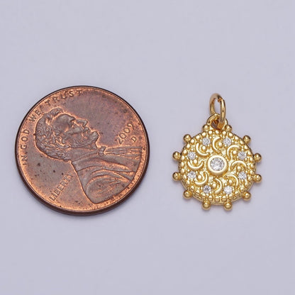 Gold, Silver Clear CZ Celestial Crescent Moon Textured Dotted Outline Round Charm | AC973 AC1009