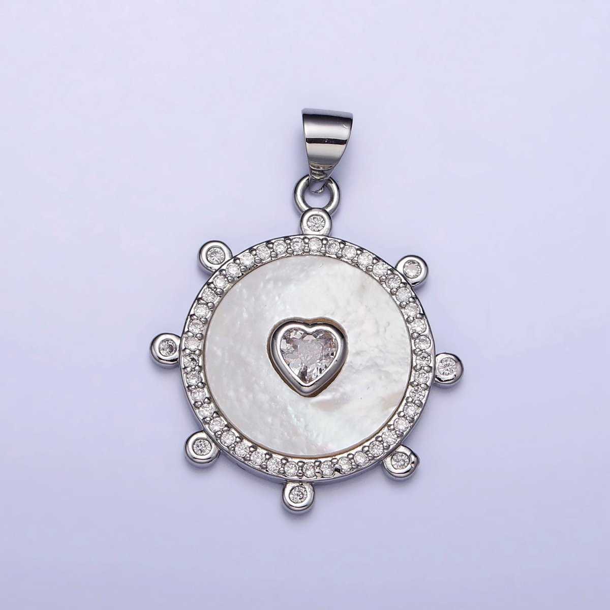 Gold, Silver Clear CZ Heart Shell Pearl Round Micro Paved Dotted Outline Pendant | AC995 AC996