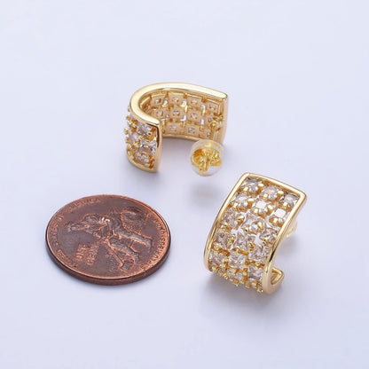 Gold, Silver Clear CZ Square Lined Wide J-Shaped Mini Hoop Earrings | AB368 AB369