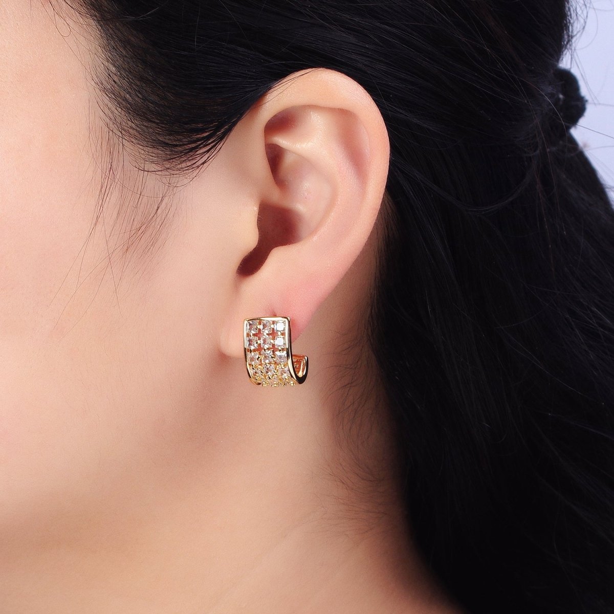 Gold, Silver Clear CZ Square Lined Wide J-Shaped Mini Hoop Earrings | AB368 AB369