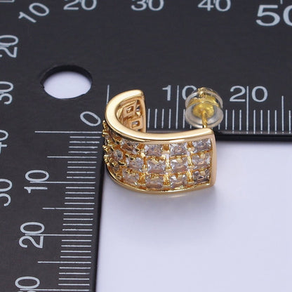 Gold, Silver Clear CZ Square Lined Wide J-Shaped Mini Hoop Earrings | AB368 AB369