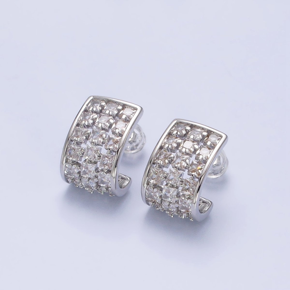 Gold, Silver Clear CZ Square Lined Wide J-Shaped Mini Hoop Earrings | AB368 AB369