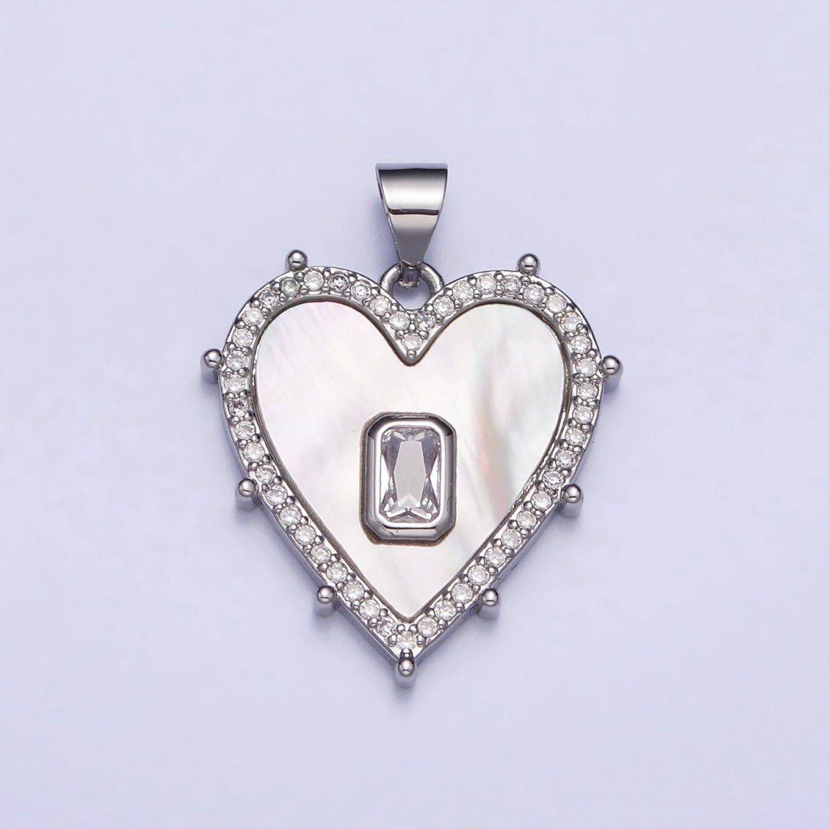 Gold, Silver Clear, Green Baguette Shell Pearl Heart Micro Paved Dotted Outline Pendant | AA399 AA400, AA405, AA394