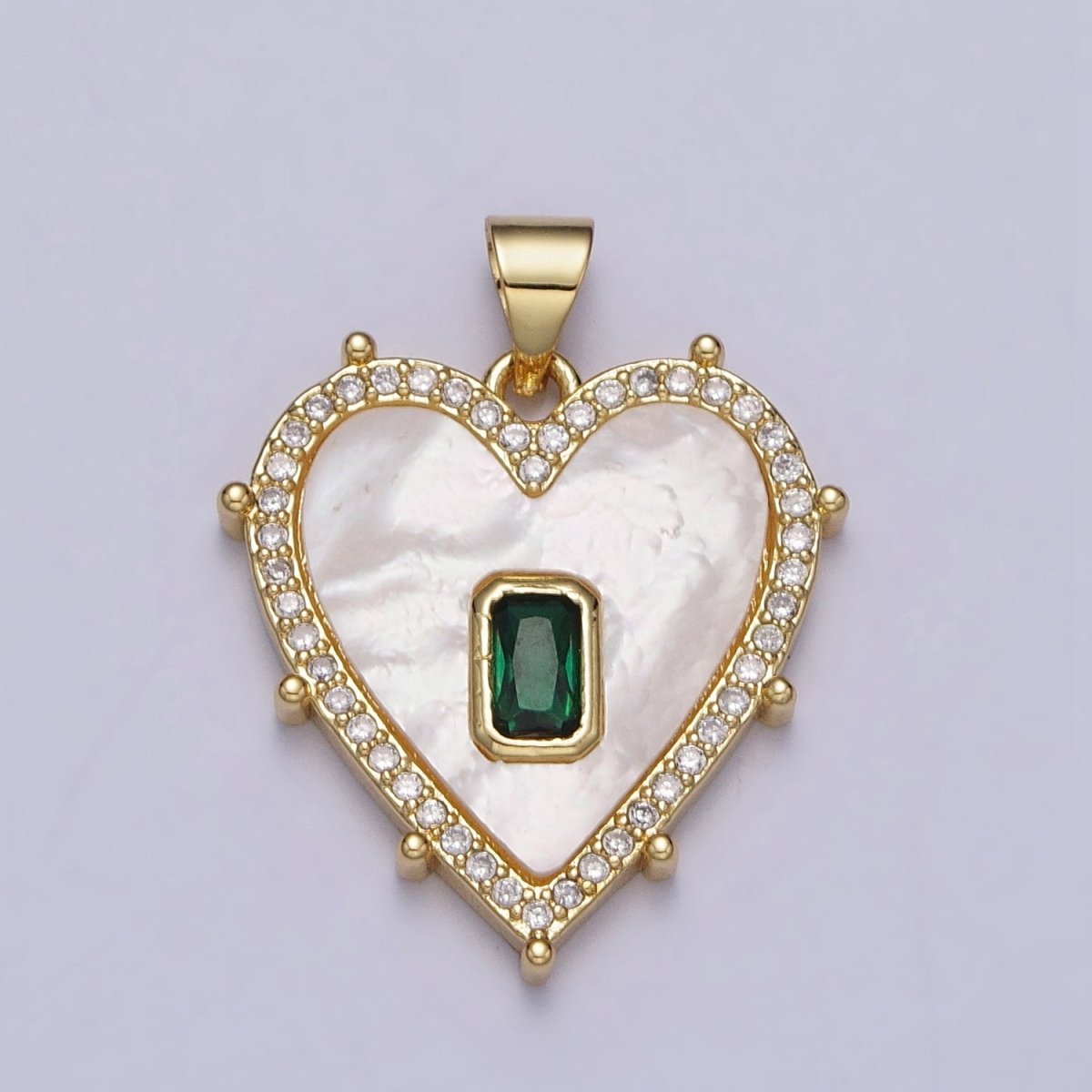 Gold, Silver Clear, Green Baguette Shell Pearl Heart Micro Paved Dotted Outline Pendant | AA399 AA400, AA405, AA394