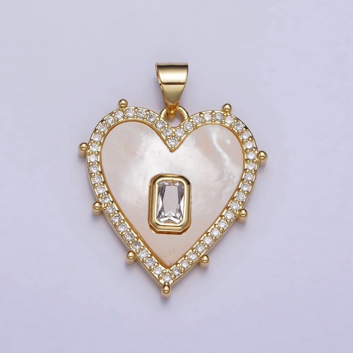 Gold, Silver Clear, Green Baguette Shell Pearl Heart Micro Paved Dotted Outline Pendant | AA399 AA400, AA405, AA394