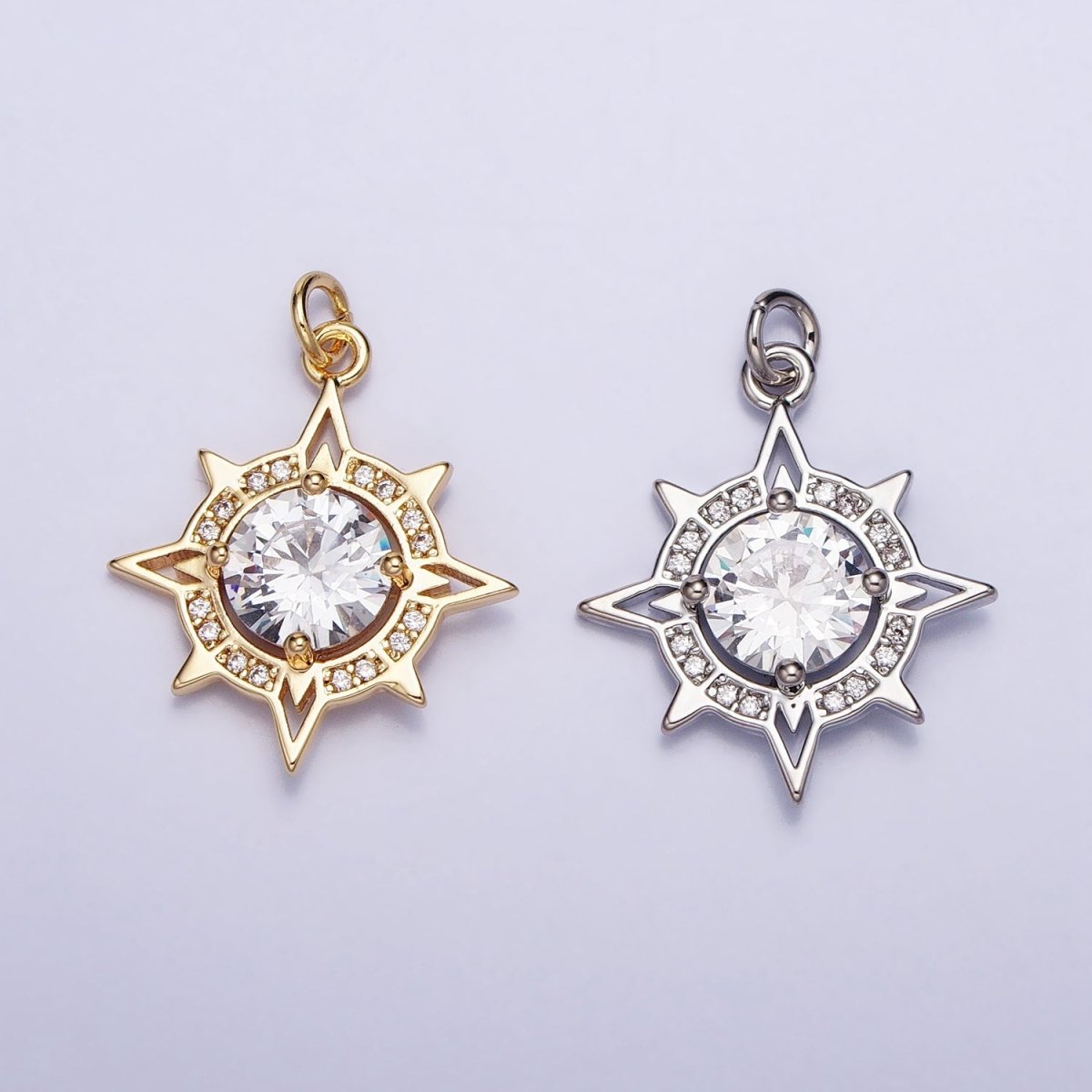 Gold, Silver Compass Celestial Sun Round Clear CZ Charm | AC385 AC386
