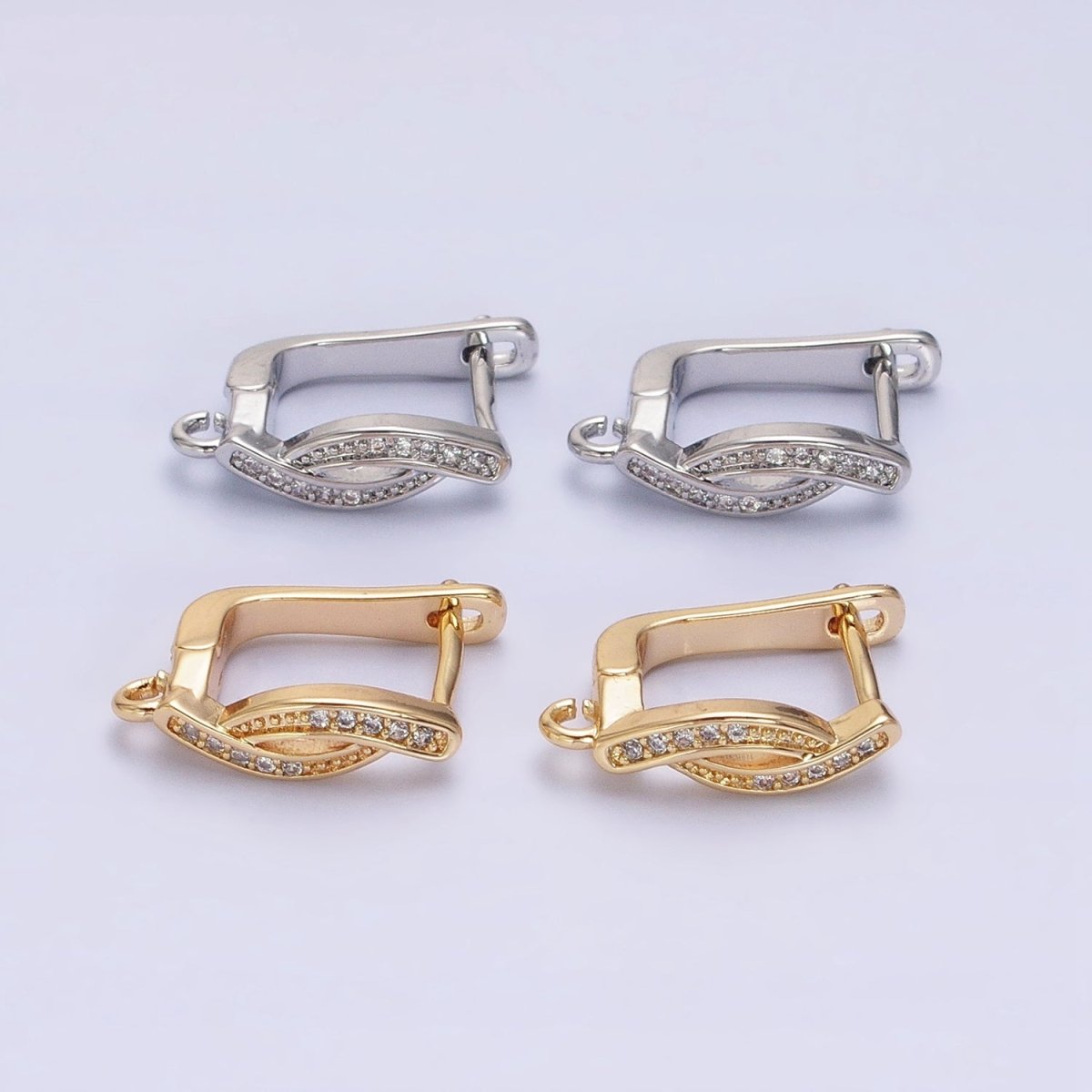 Gold, Silver Curved Micro Paved CZ Bar Open Loop English Lock Earring Supply | Z-365 Z-366