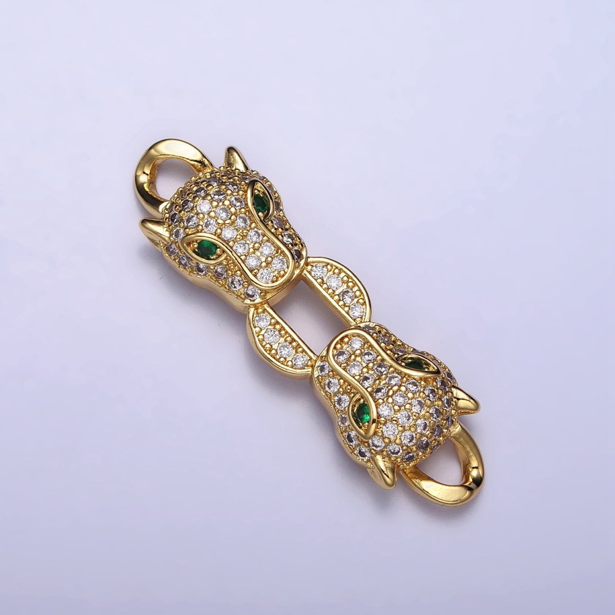 Gold, Silver Double Green-Eyed Panther Leopard Head Micro Paved CZ Curb Link Connector | Y-871