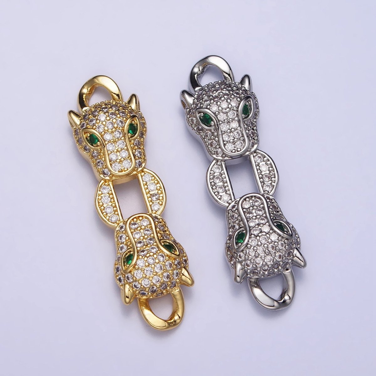Gold, Silver Double Green-Eyed Panther Leopard Head Micro Paved CZ Curb Link Connector | Y-871