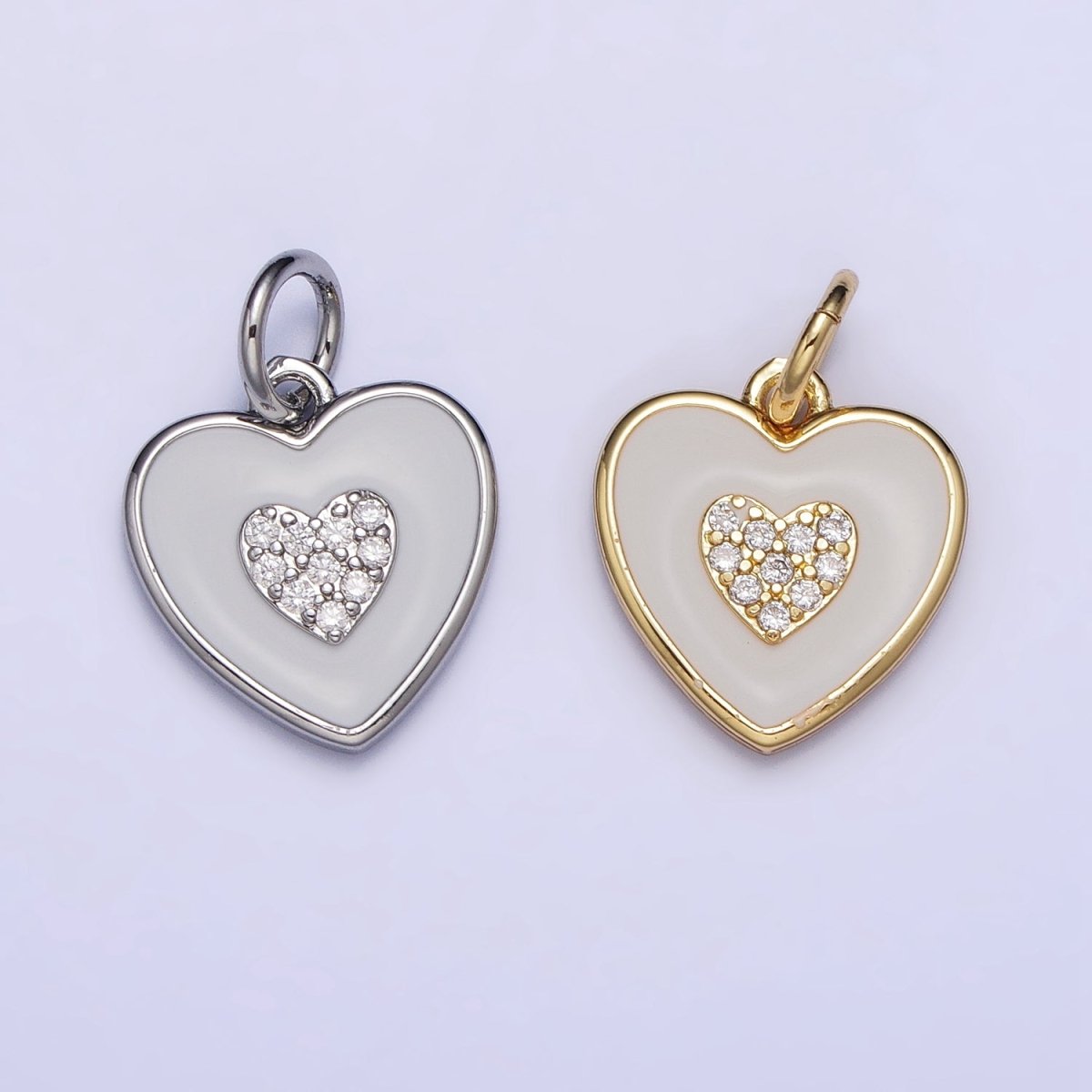 Gold, Silver Double Heart White Enamel Micro Paved CZ Charm | AC1021 AC1022