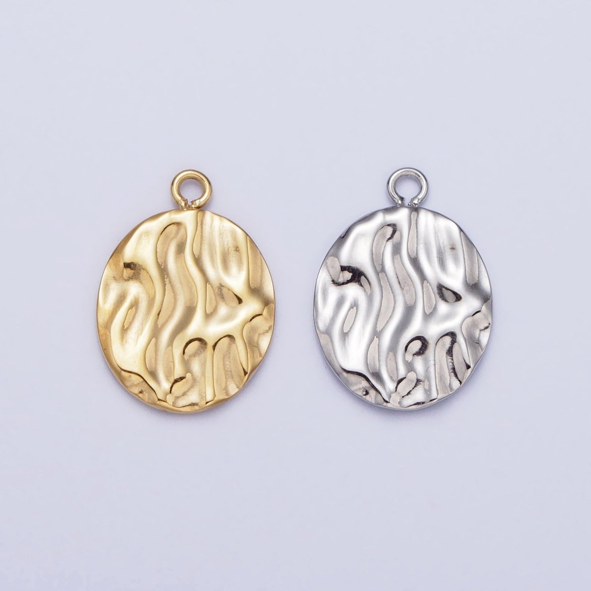 Gold, Silver Double Sided Oval Hammered Charm in Gold &amp; Silver | P-890