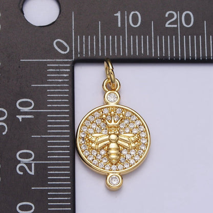 Gold, Silver Double Sided Queen Bee Insect Sunburst Lined Micro Paved CZ Round Charm | AC981 AC986