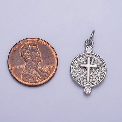 Gold, Silver Double Sided Religious Latin Cross Sunburst Lined Micro Paved CZ Round Charm | AC983 AC989