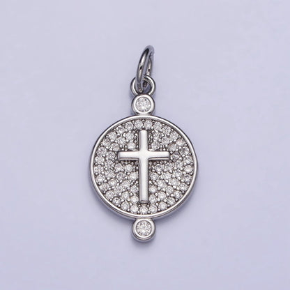Gold, Silver Double Sided Religious Latin Cross Sunburst Lined Micro Paved CZ Round Charm | AC983 AC989