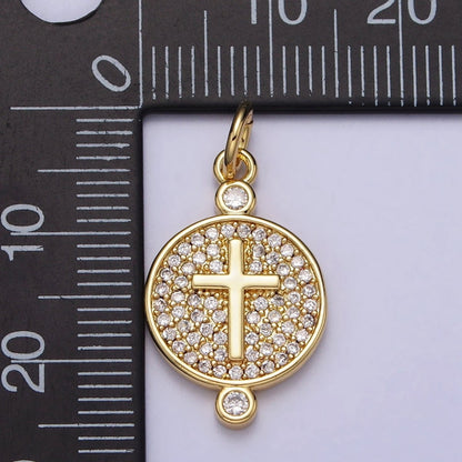 Gold, Silver Double Sided Religious Latin Cross Sunburst Lined Micro Paved CZ Round Charm | AC983 AC989
